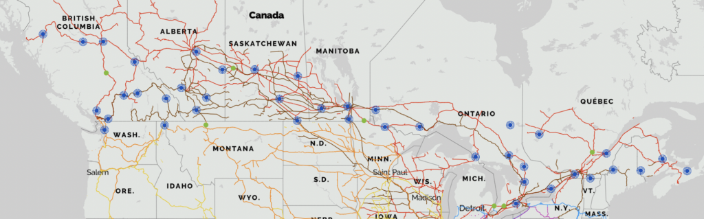 Map of Canada with RailState locations identified
