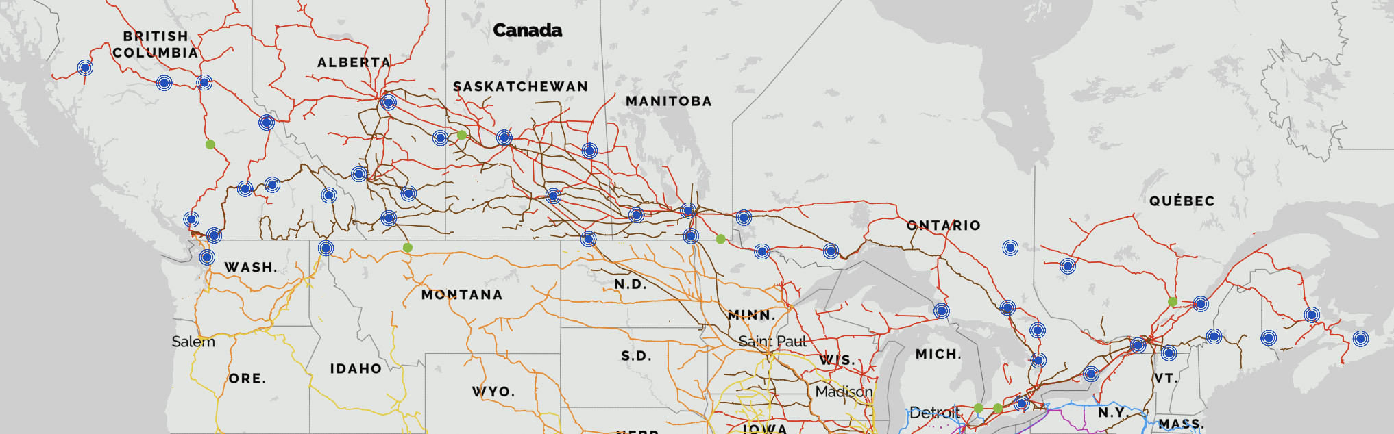 Map of Canada with RailState locations identified