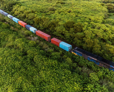 high angle view of freight train through forest