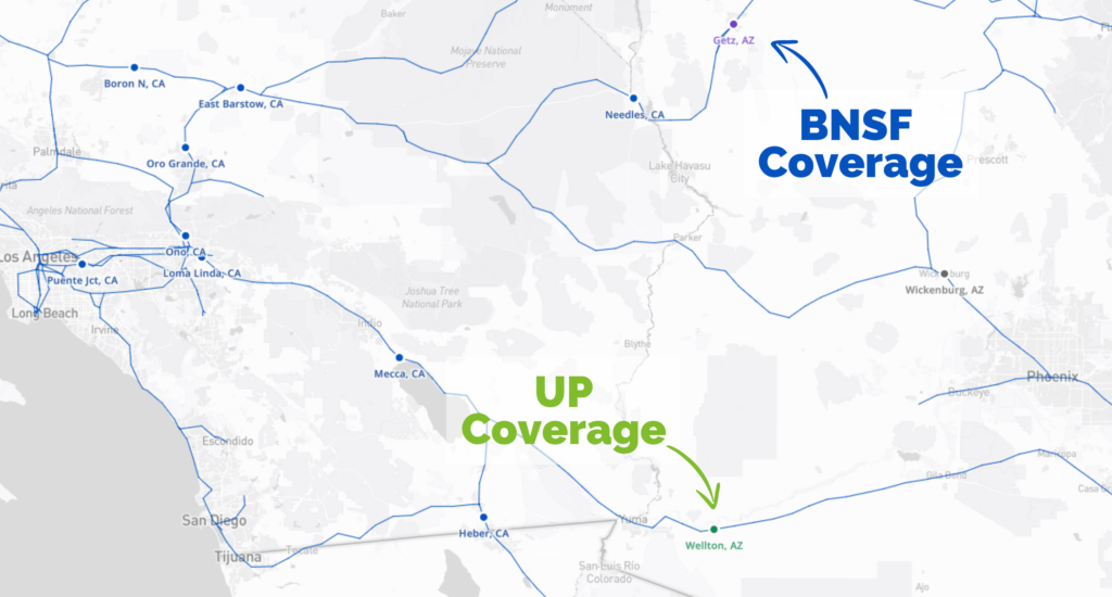 Map of RailState network coverage in the US Southwest pointing out BNSF coverage at Getz, AZ and Union Pacific Coverage at Wellton, AZ