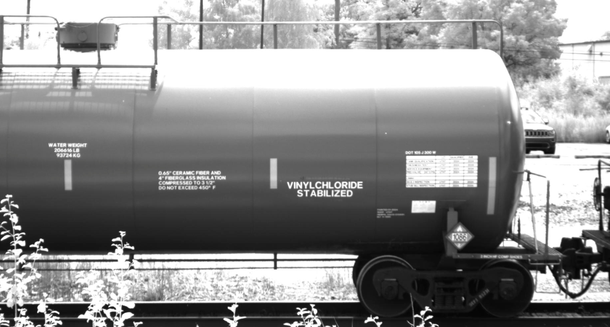 RailState sensor image of tank car with Vinyl Chloride UN placard number
