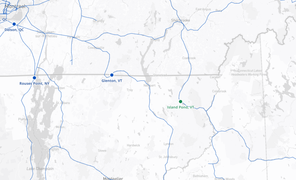 RailState Map of Vermont Showing Island Pond Sensor Location