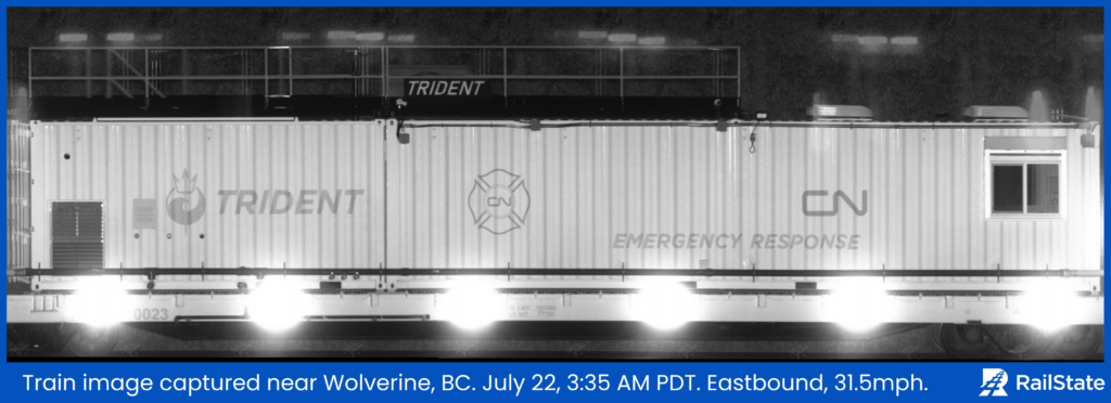 RailState image of fire CN's fire suppression Trident train seen at Wolverine, BC on July 22