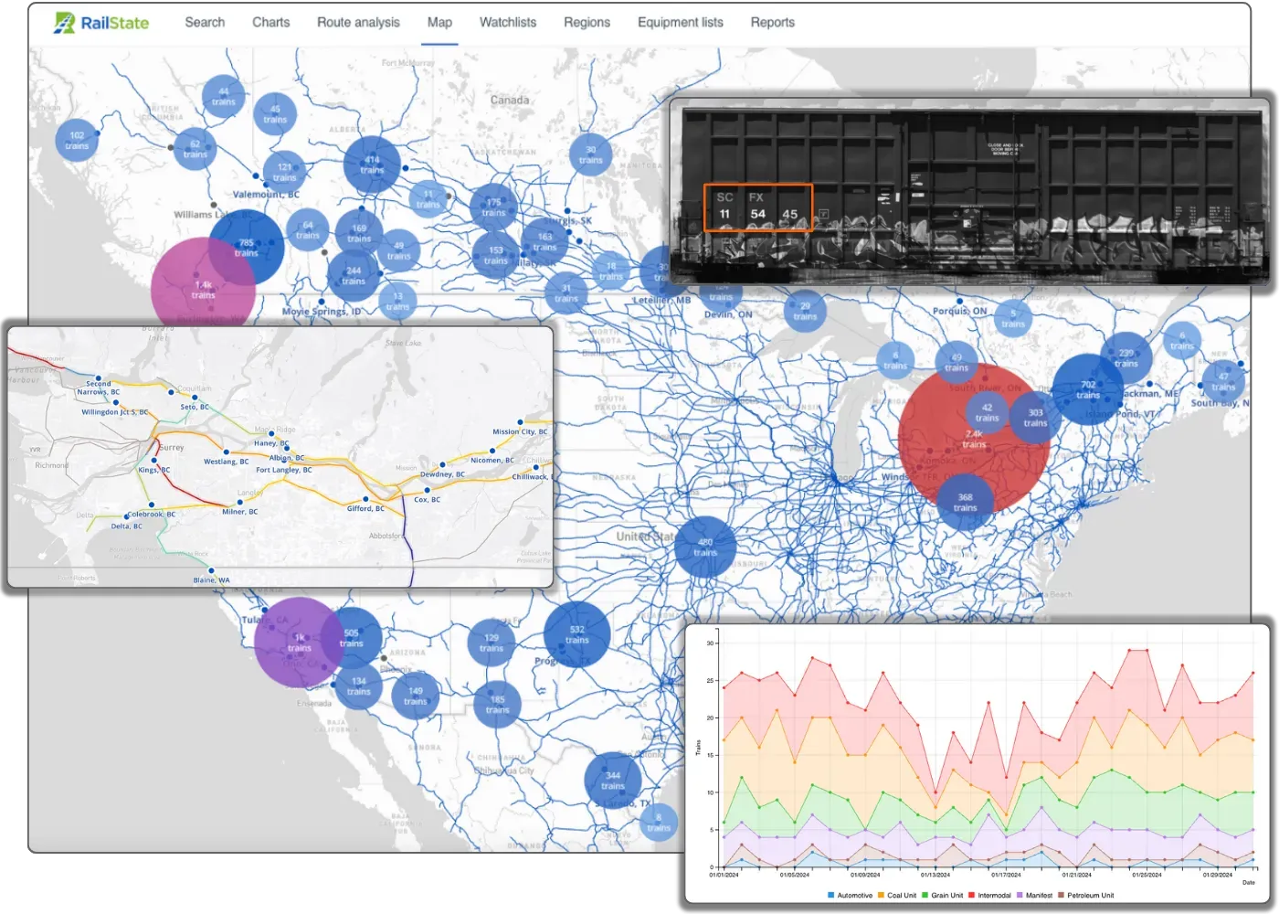 RailState UI image of maps, charts, and railcar images