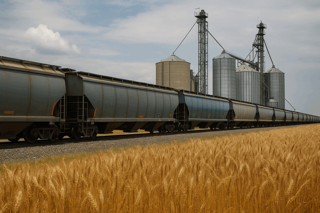 Grain Unit Train in front of an elevator
