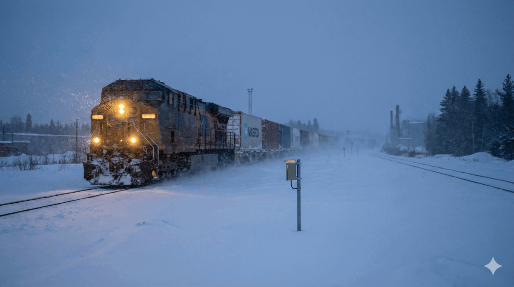 Freight train traveling through a snowy area